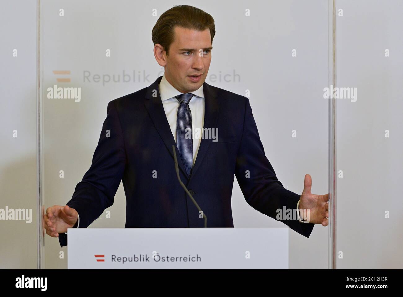 Vienna, Austria. 13th Sep, 2020. The Austrian Federal Government and the social partners in the Federal Chancellery. The topic is the increasing coronavirus diseases. Picture shows Chancellor Sebastian Kurz  (ÖVP). Stock Photo