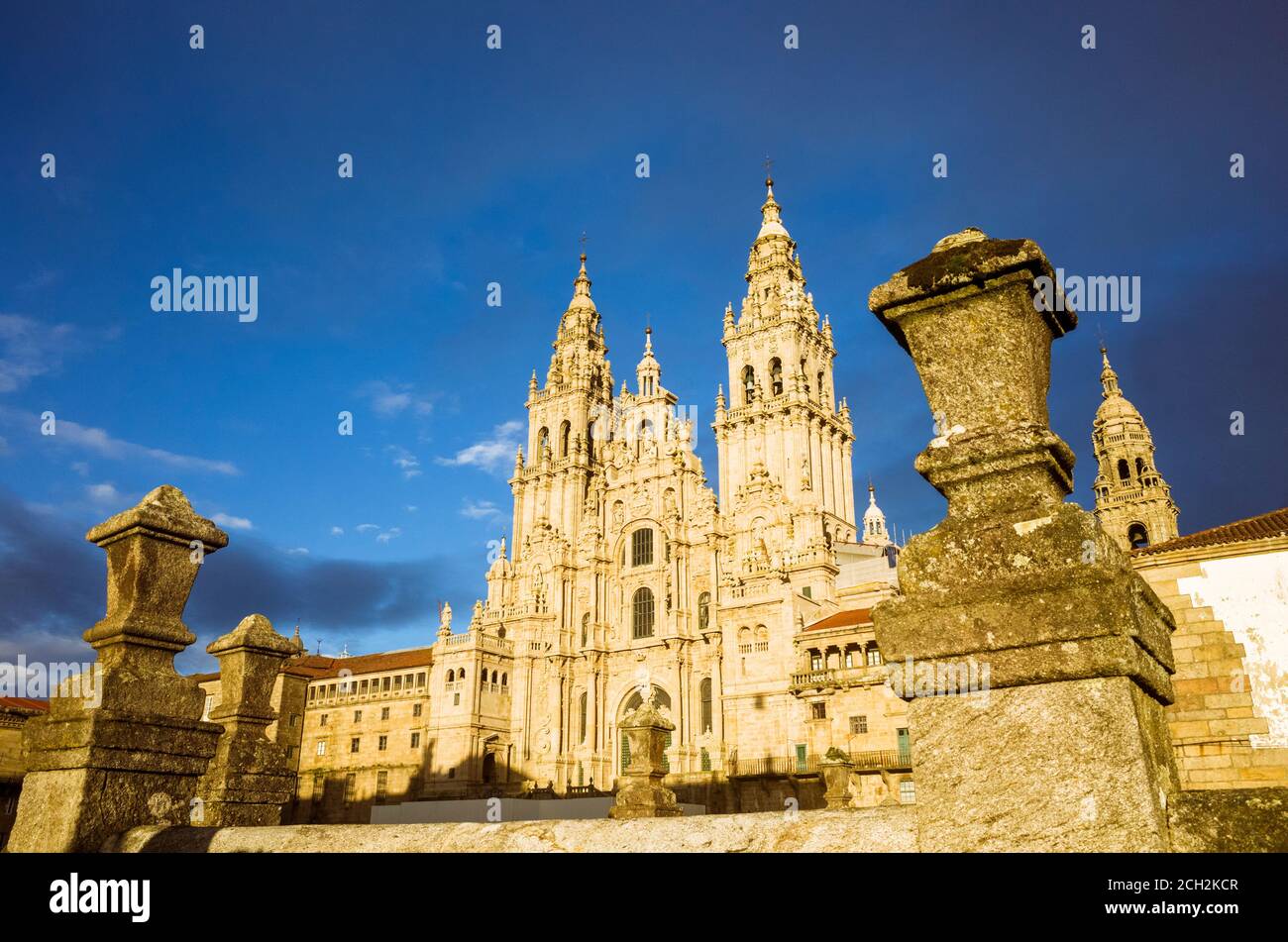 Santiago de Compostela, A Coruña province, Galicia, Spain - February 12th, 2020 : Baroque Obradoiro facade of the compostela Cathedral, the reputed bu Stock Photo