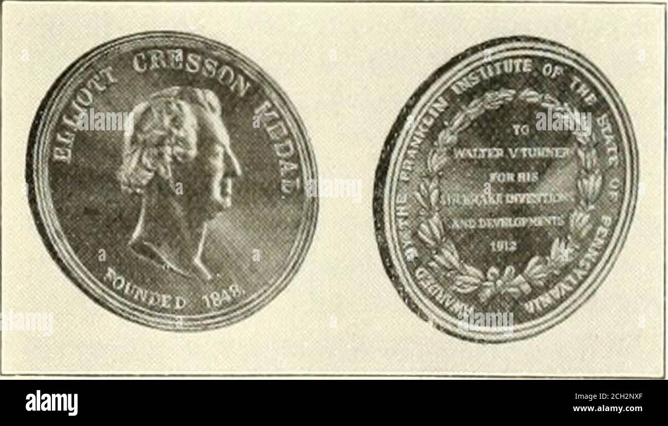 . Railway and locomotive engineering : a practical journal of railway motive power and rolling stock . WALTER V. TURNER, Assistant Manager, Westinghouse Air Brake Company. the Elliott Cresson gold medal by theFranklin Institute of the state of Penn-sylvania, which is the highest honor thatthis most scientific body of men inAmerica can confer upon any scientist. In connection with the photograph ofMr. Turner and facsimile of the medal,we wish to state that he is unquestion-ably the greatest living authority on airbrakes and air brake subjects and while. ELLIOTT CRESSON GOLD MEDAL AWARD-ED TO WA Stock Photo