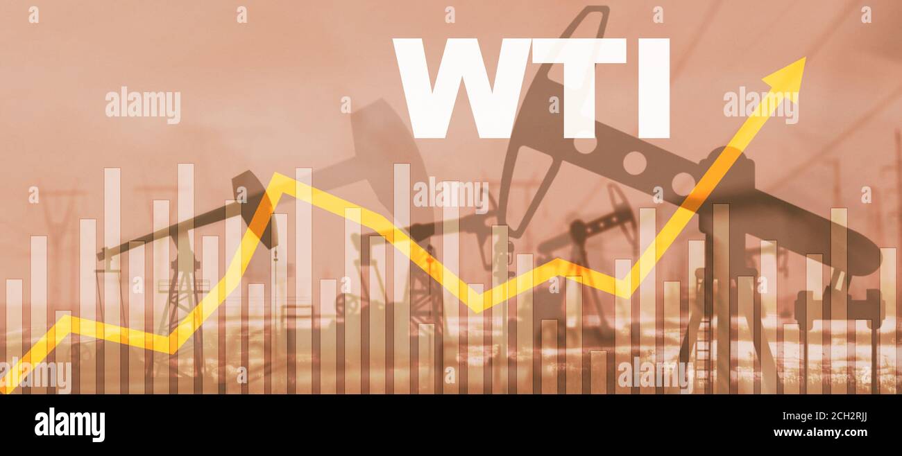 Rise in prices of a barrel of WTI crude oil 2020. Up arrow. Stock Photo