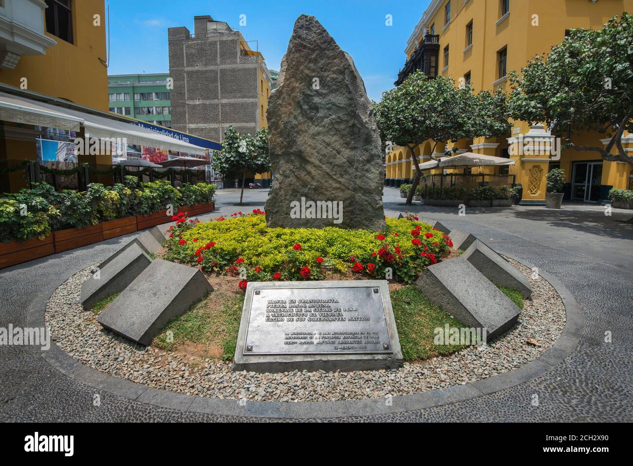 Monument to Taulichusco (the last of its native rulers) is a monolith of Andean basal stone in Lima, Peru Stock Photo