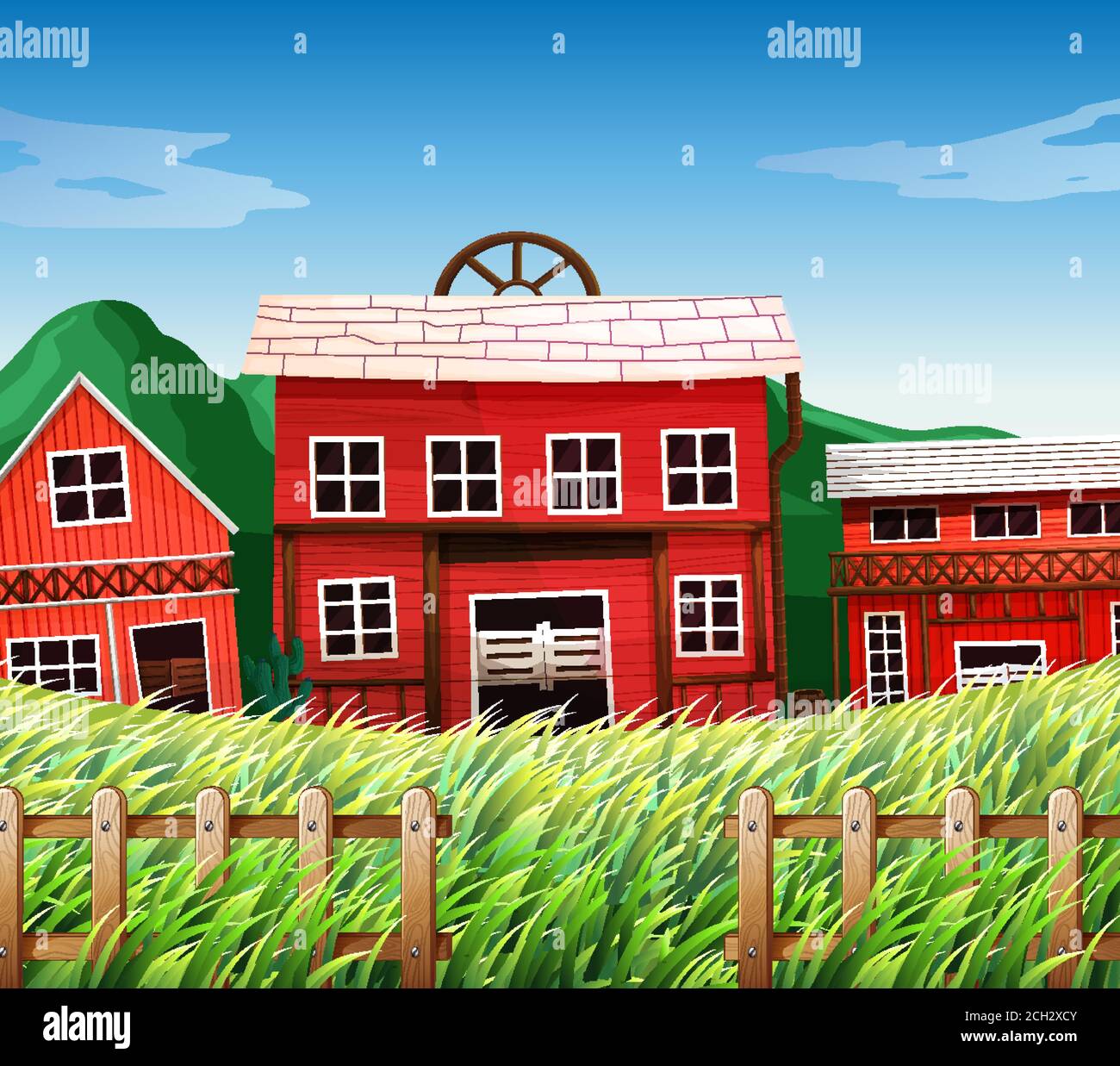 Farm houses with barns scene illustration Stock Vector Image & Art - Alamy