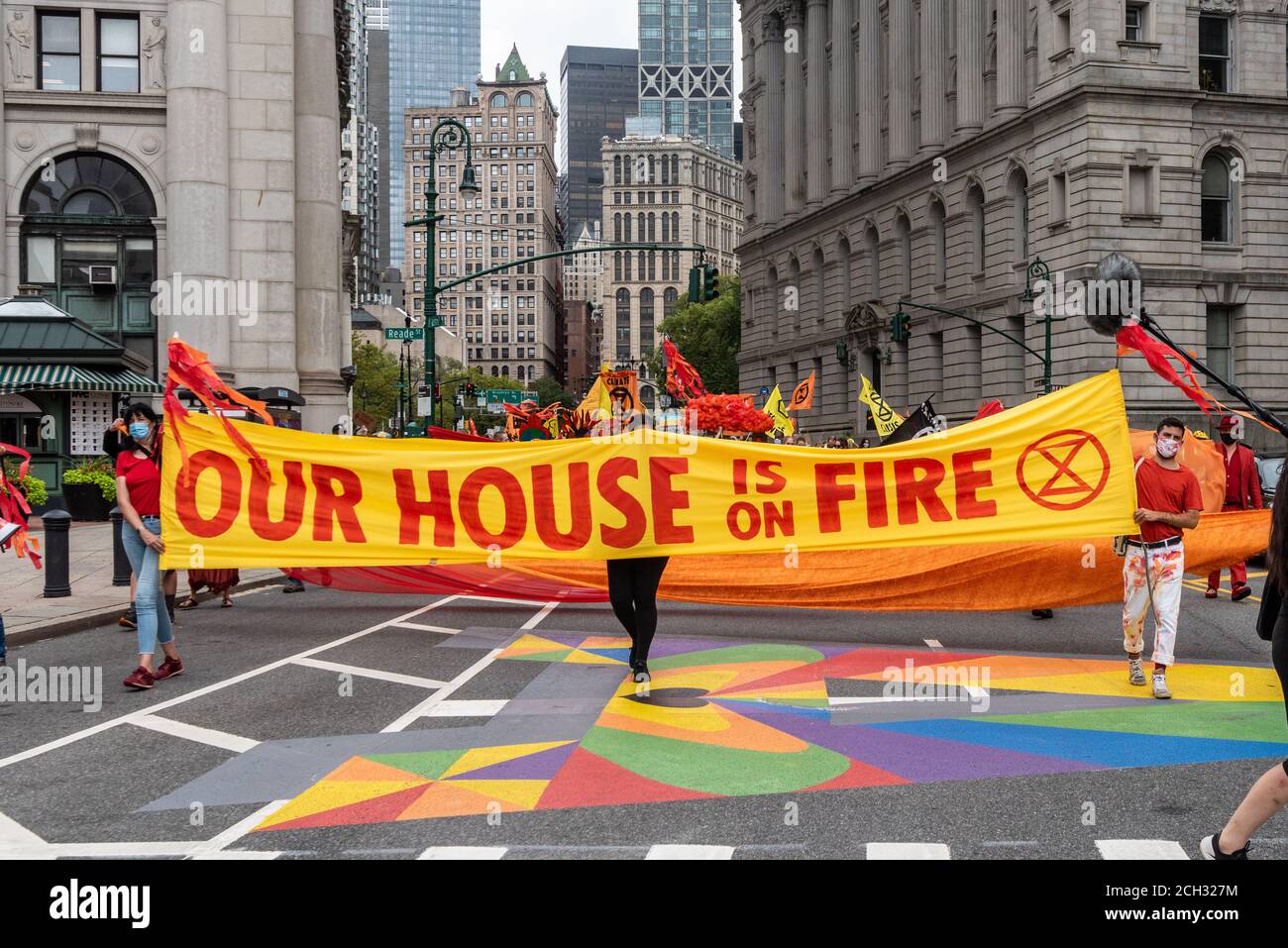 Carrying a banner referring to the recent wildfires, Extinction Rebellion protests climate emergency on September 13, 2020, in New York City. (Photo by Gabriele Holtermann/Sipa USA) Credit: Sipa USA/Alamy Live News Stock Photo