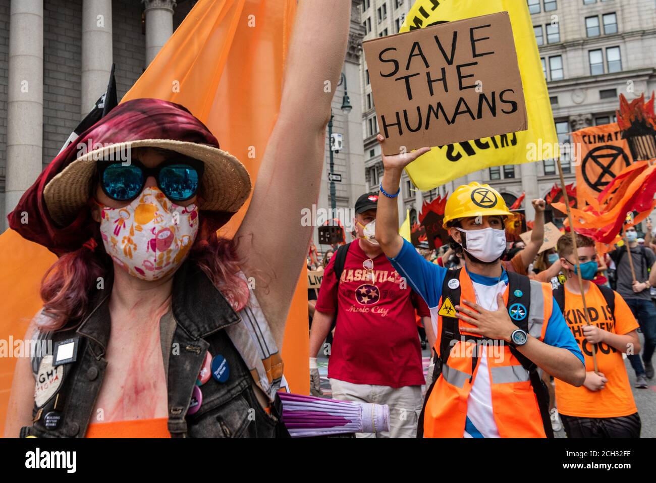 Carrying a banner referring to the recent wildfires, Extinction Rebellion protests climate emergency on September 13, 2020, in New York City. (Photo by Gabriele Holtermann/Sipa USA) Credit: Sipa USA/Alamy Live News Stock Photo