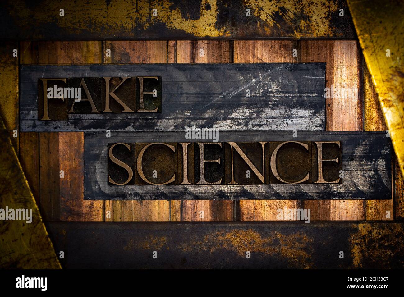 Fake Science text formed with real authentic typeset letters on vintage textured silver grunge copper and gold background Stock Photo