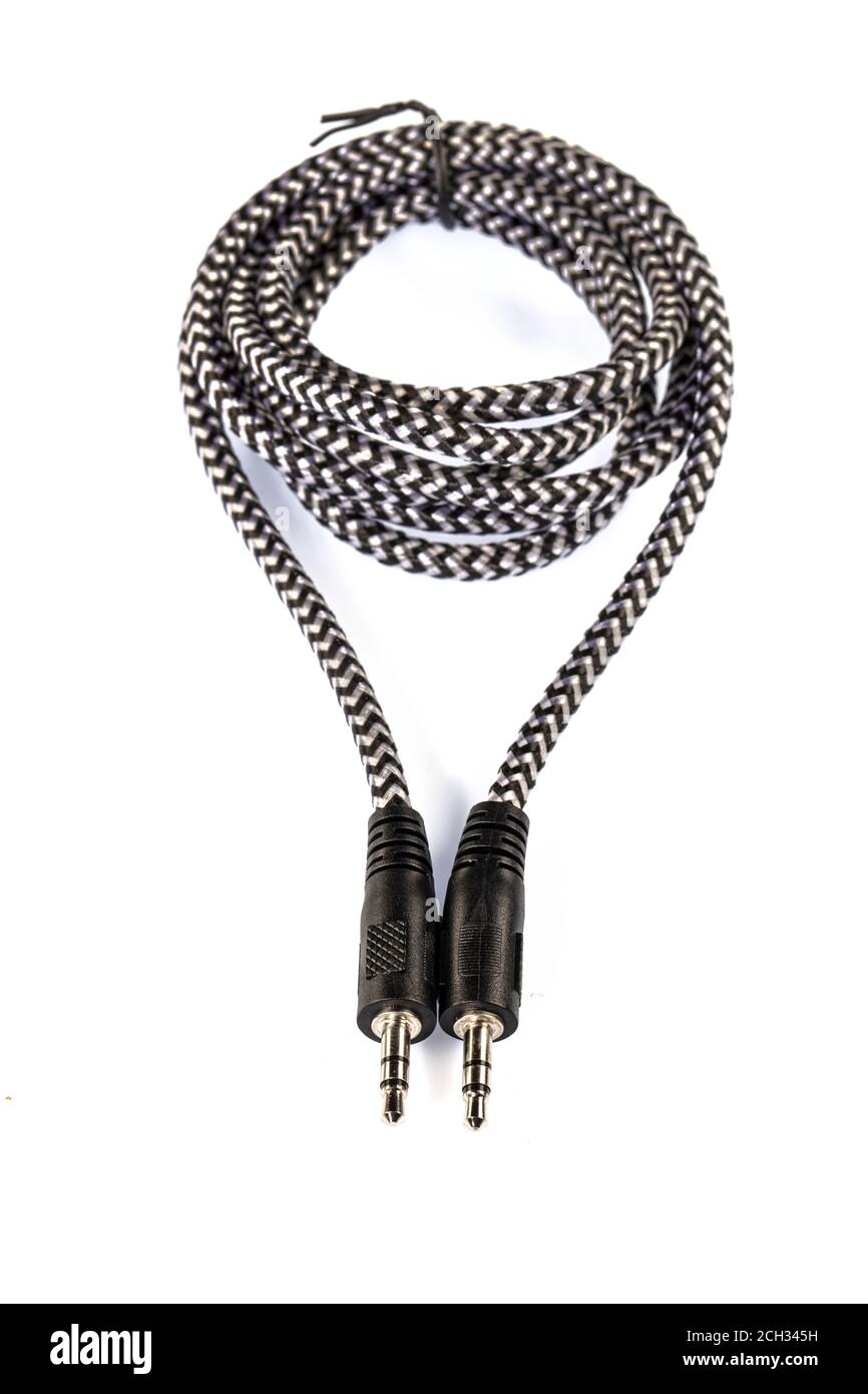 Audio cable. Close up of audio jack with black cable on white background Stock Photo Alamy