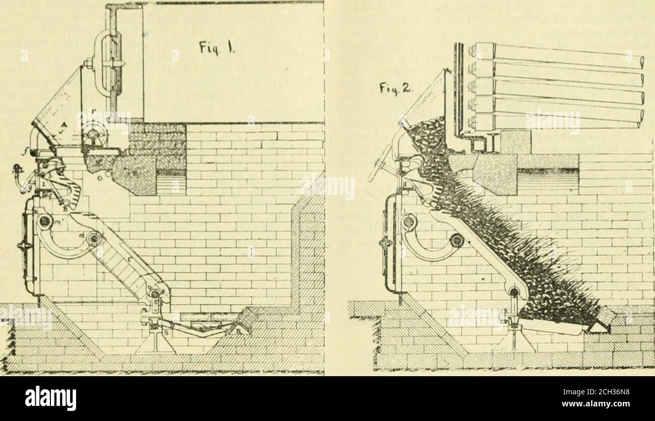. American engineer and railroad journal . at the openingthrough which coal is fed into the furnace can be increasedor reduced in size, as may seem to be most expedient. At the same height as the upper grate there is a fire-brick arch E, and upon each side are openings G G, bywhich air can be admitted to the furnace. Air can alsoenter through the bars of the upper grate by the openingsG and under the large grate C through dampers placed infront of the fire-box, as shown in fig. 3. These series ofopenings are separated by a diaphragm, so that their regu-lation is entirely independent of each ot Stock Photo
