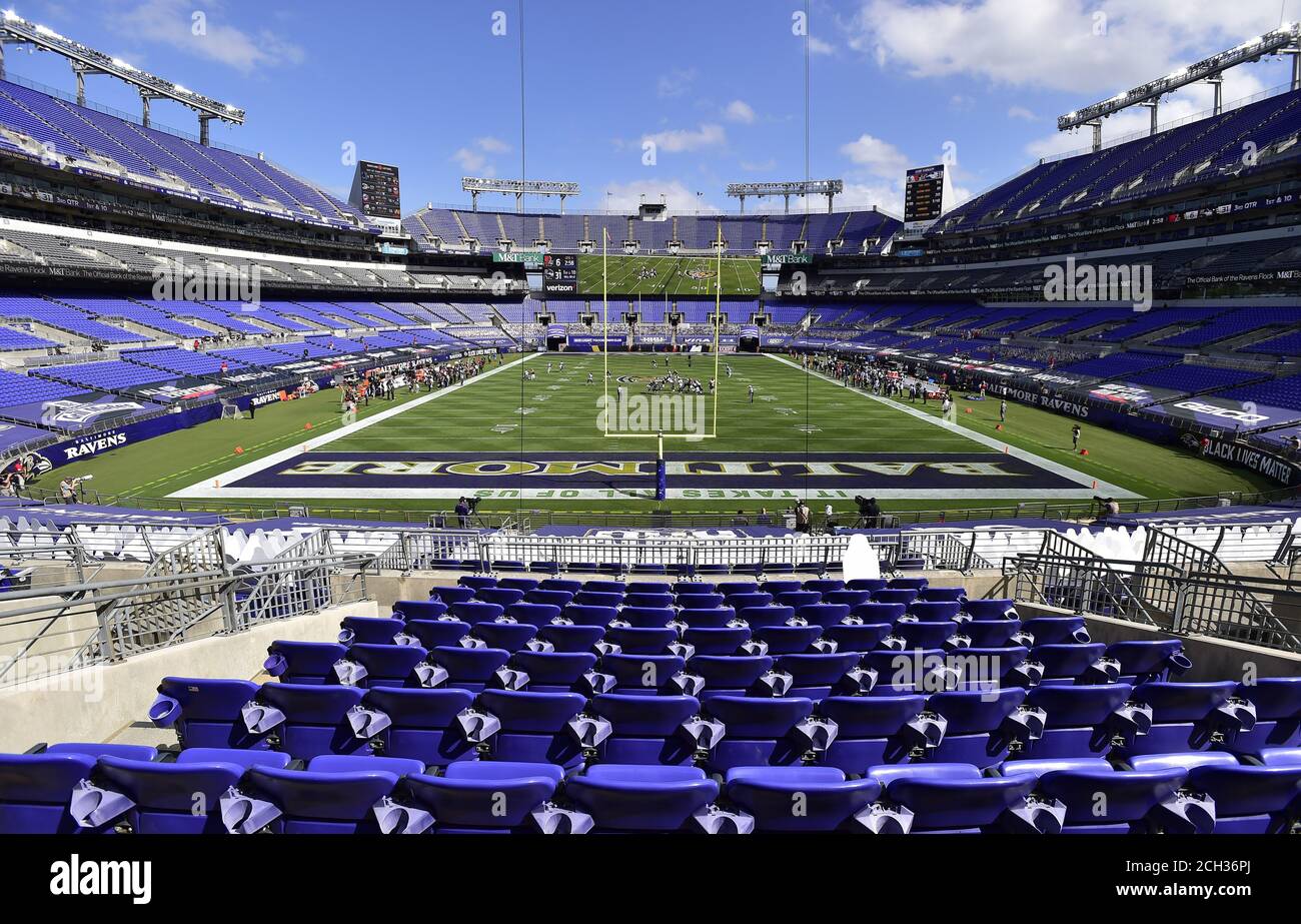 Baltimore, United States. 13th Sep, 2020. Because of health safety concerns from the coronavirus pandemic, no fans were present to see the Baltimore Ravens defeat the Cleveland Browns 38-6 during an NFL season opener football game at M&T Bank Stadium in Baltimore, Maryland, on Sunday, September 13, 2020. Photo by David Tulis/UPI Credit: UPI/Alamy Live News Stock Photo