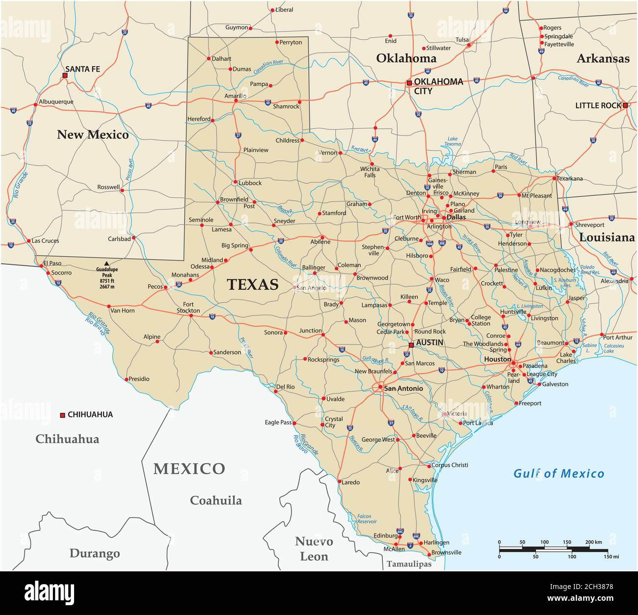 vector road map of the US state of Texas Stock Vector