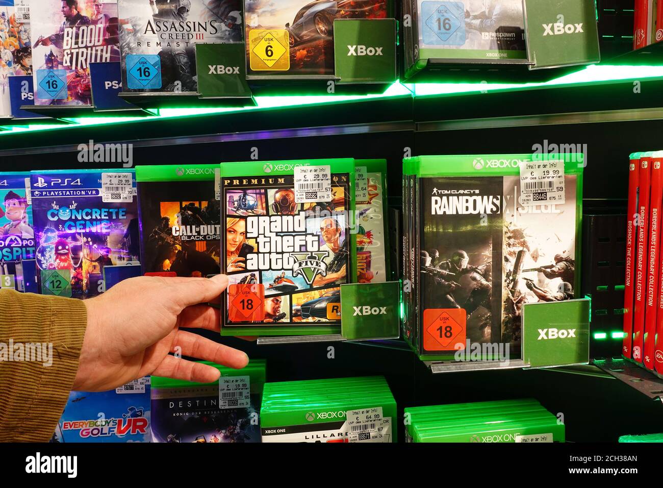 GTA, Grand Theft Auto V, Xbox one game in a shop. Stock Photo
