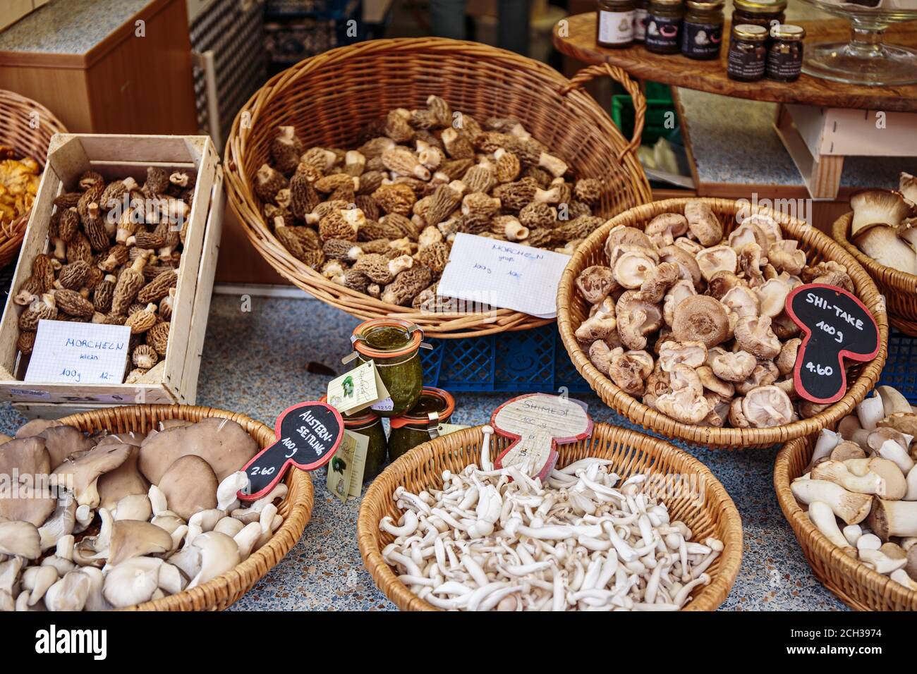 Mushrooms in Basel market Stock Photo