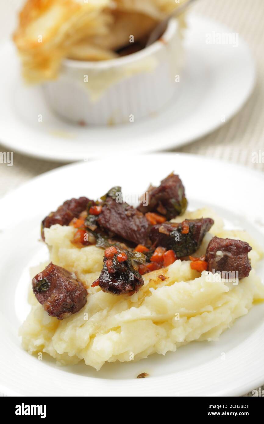 Just baked beef pie with mashed potato on a plate Stock Photo