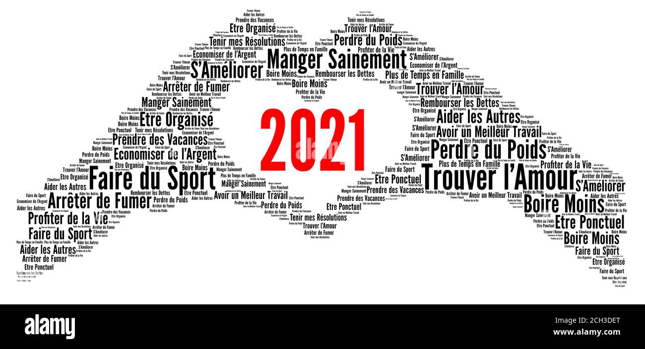 Resolutions 2021 word cloud concept in french language Stock Photo