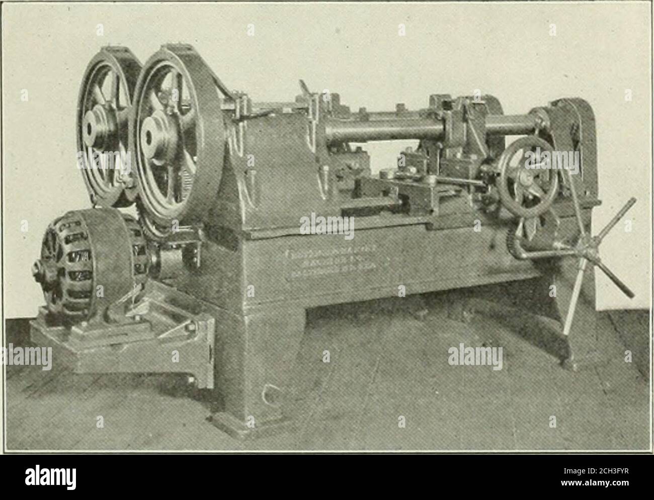 . American engineer . ear type. The bed is of sufficient length to bore andface car boxes 6 in. x 12 in. The headstocks are bolted di-rectly to the bed and are of sufficient height to give a clear-ance of 13 in. from the center of the spindle bearing to thetop of the bed. The spindles are of cast iron 4J4 in- in diam-eter with a 17 in. bearing in the headstock and carr3 steel toothgears which revolve loosely on the spindles and are connectedto them by sliding tooth steel clutches which are keyed to thespindle and actuated by an eccentric lever. The pinions areof bronze or steel while the drivi Stock Photo