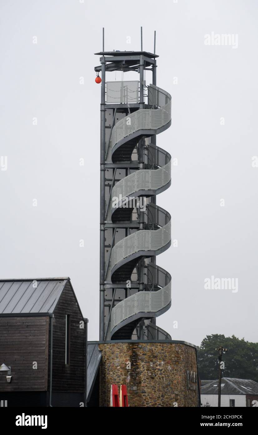 A spiral stair way leading to the top of the Climbing wall at Haven