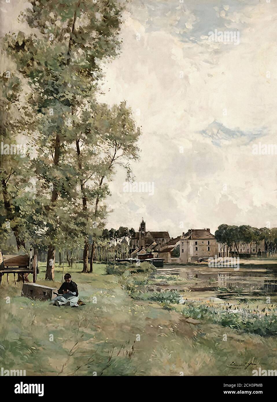 Yon Edmond Charles Joseph - Woman Sewing on the Banks of the Loing Moret - French School - 19th and Early 20th Century Stock Photo