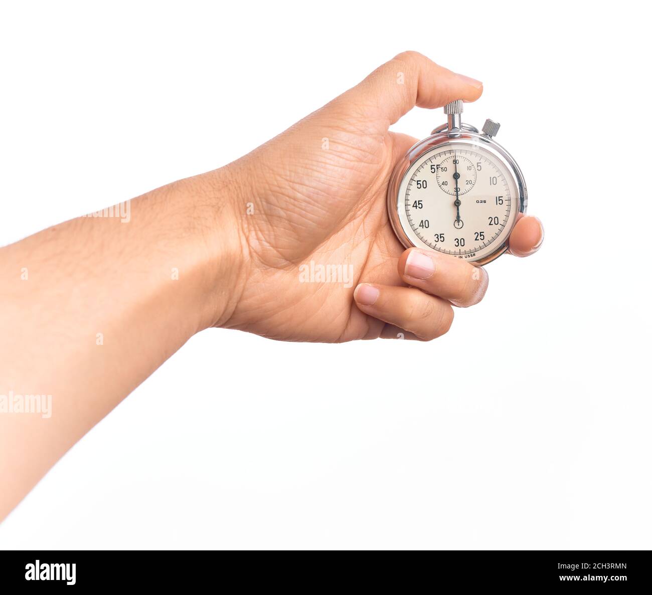 Hand of caucasian young man doing countdown holding stopwatch over ...