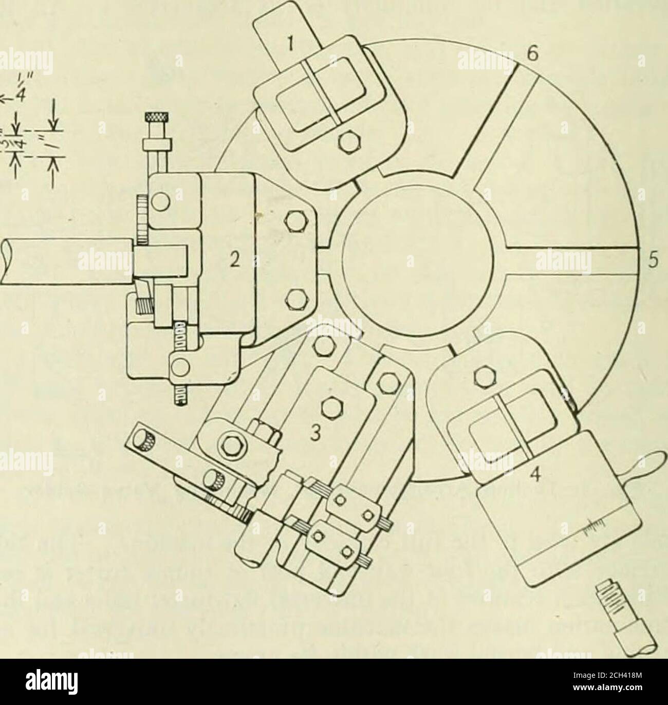 . Railway mechanical engineer .  *JL 5?. Fig. 5—Tooling of Universal Turret Lathe for First Operation on Emergency Valve Stem jaws cut out to conform with the work as shown in Fig. 3and the operations consist of finishing surfaces F, G andH. Surfaces F and G are rough faced and surface H isrough turned by cutter A held in the square turret. SurfaceH is finish turned and surfaces F and G are finish faced bycutter .1/ held in the square turret. The work is removed 3 7/16-in. boring bar at the fiist turret position. (2)Surfaces C and D are rough faced by cutters G and // andsurface B is rough tur Stock Photo