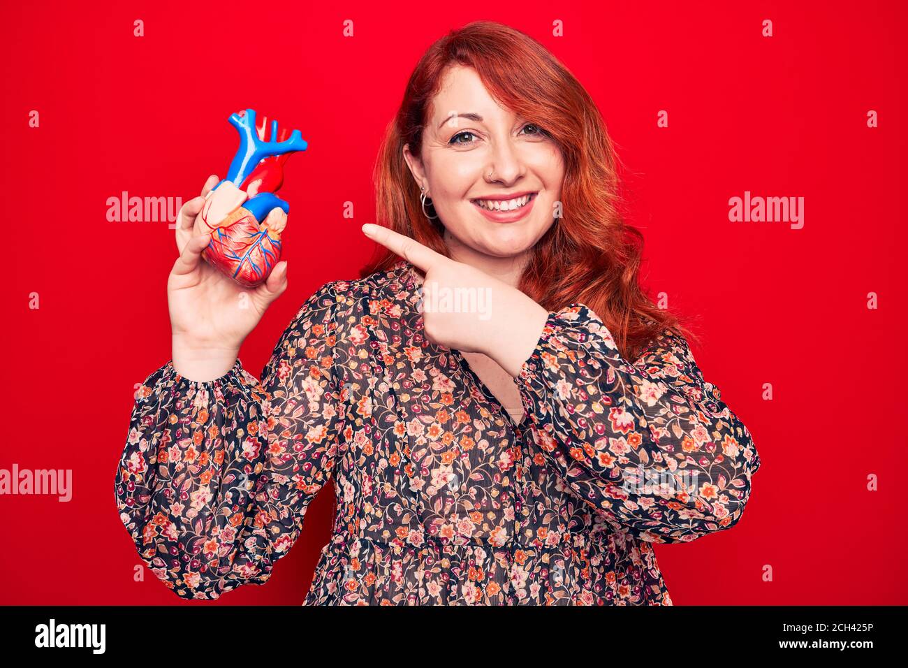 Young beautiful redhead woman asking for health care holding heart over read background smiling happy pointing with hand and finger Stock Photo