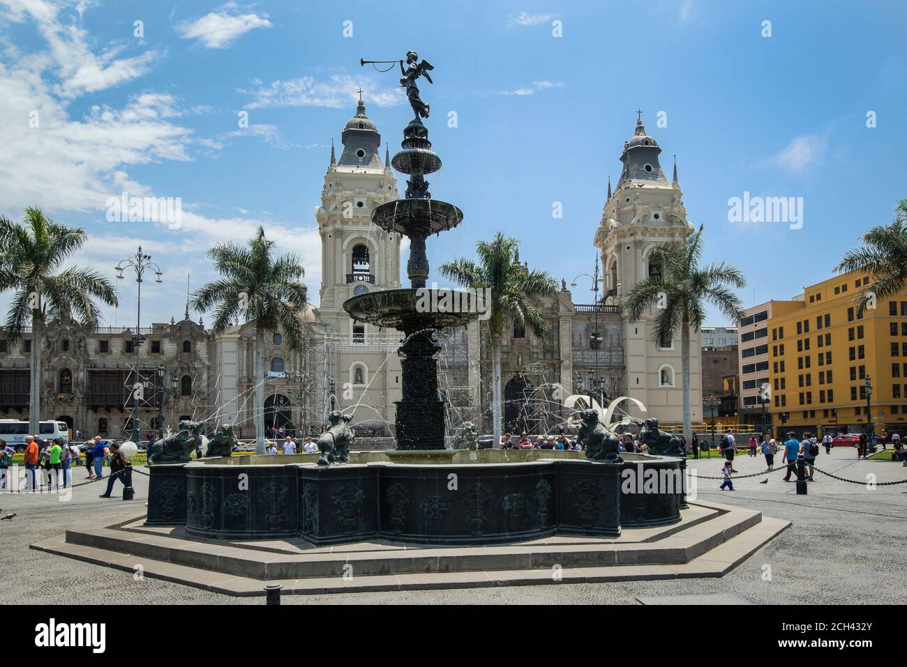 Lima Monuments Bronze Fountain and Cathedral of Lima, Plaza de Armas (Plaza Mayor ...