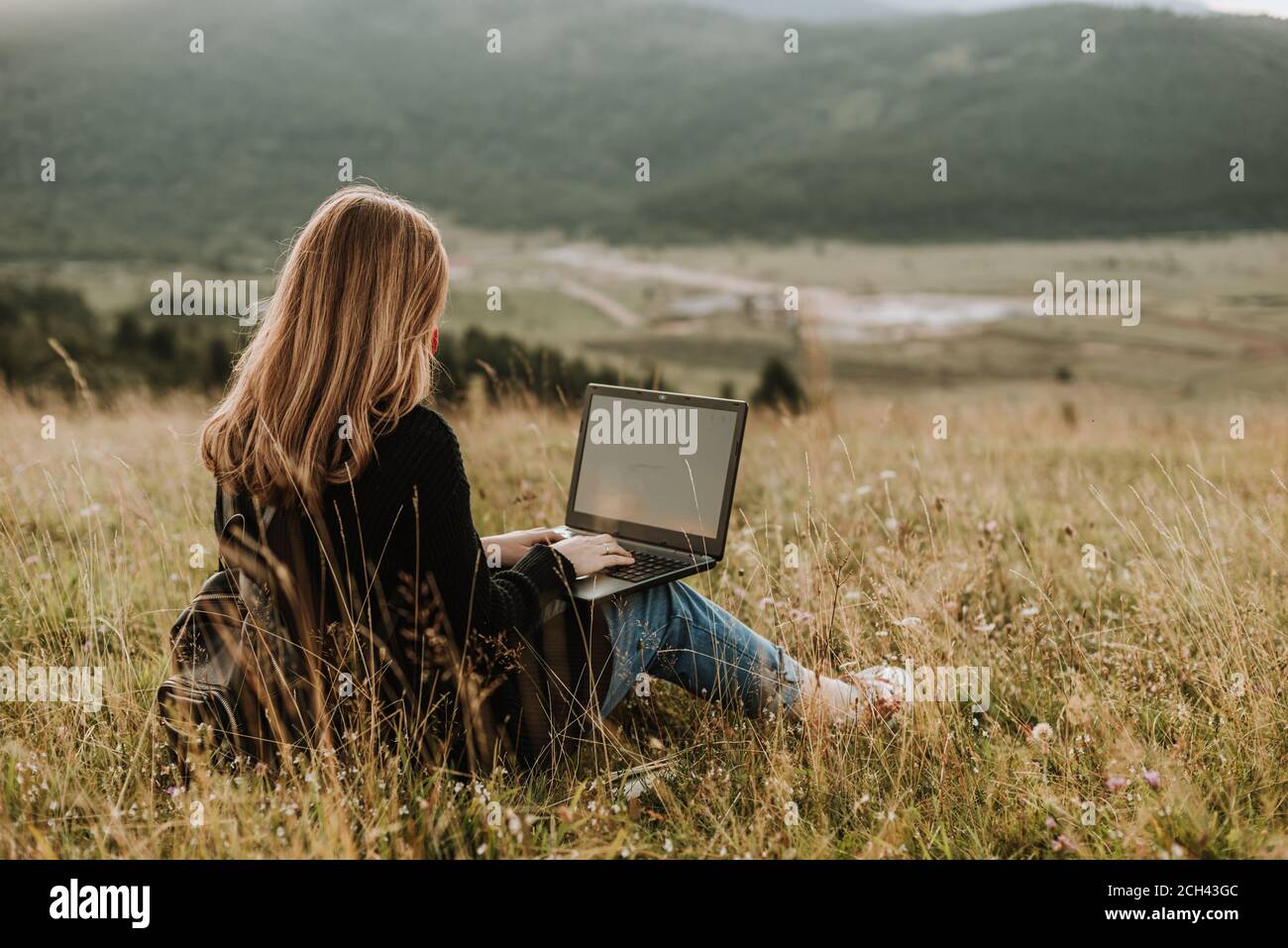Girl working on laptop in nature, remote work Stock Photo