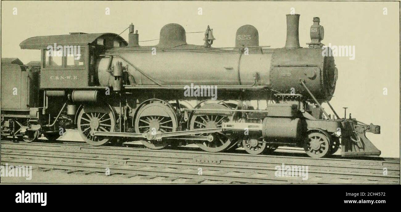 . Locomotive engineering : a practical journal of railway motive power and rolling stock . lap of valves—line and line. Lead of valves in full gear forward—■1-16 inch negative. In full gear back—3-16 inch negative. Lead at 6-inch cut-off in forward motion—y-^z inch. Kind of valve stem packing—-Crysler. Diameter of driving wheels outside oftires—63 inches. Material of driving wheel centers—-cast steel. Tires held on by shrinkage. Material in driving boxes—steeledcast iron. Circumferential seams—double riveted. Fire box, length—102 3-16 inches. Fire box, width—4ofJ inches. Fire box, depth—front, Stock Photo