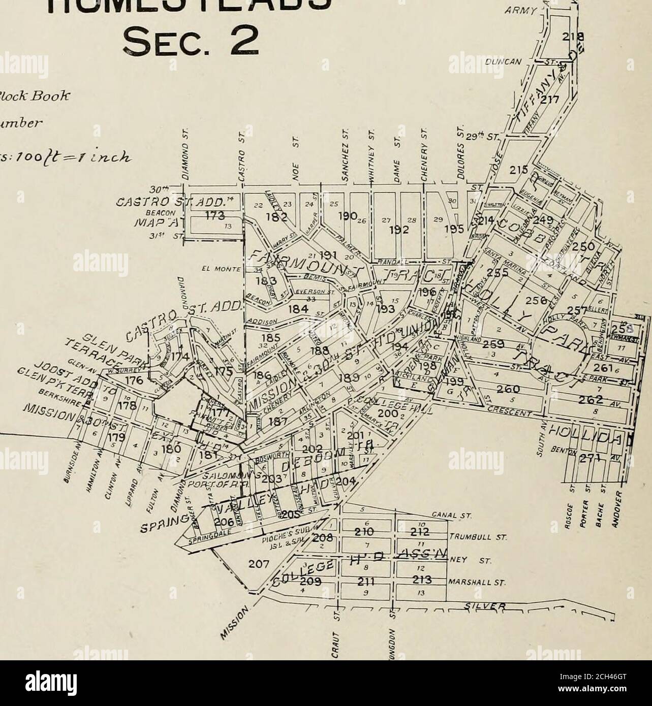 . The San Francisco block book. comprising Park Lane Tract, Market Street Homestead Ass'n., Stanford Heights, Sunnyside, City Land Ass'n., Lakeview, West End Homestead, University Mound Homestead Ass'n., Excelsior Homestead, Reis Tract, South San Francisco Homestead and Railroad Ass'n., Tide Lands, etc. : showing size of lots and blocks and names of owners, compiled from latest official records . SAX FRAXCISCO HOMESTEADS INDEX MAP TO BLOCK BOOK or HOMESTEADSSec. 2 jjTli Page of Block BookI I Block Numher Scale ioBloc/ts- 7oo^^=^/ i&gt;T,ch. SAN FRANCISCO HOMESTEADS Stock Photo