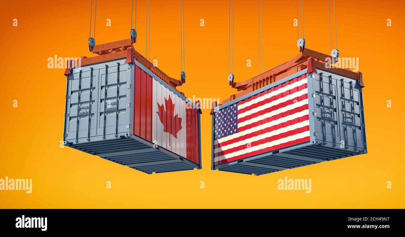 Freight containers with Canada and USA flag. 3D Rendering Stock Photo