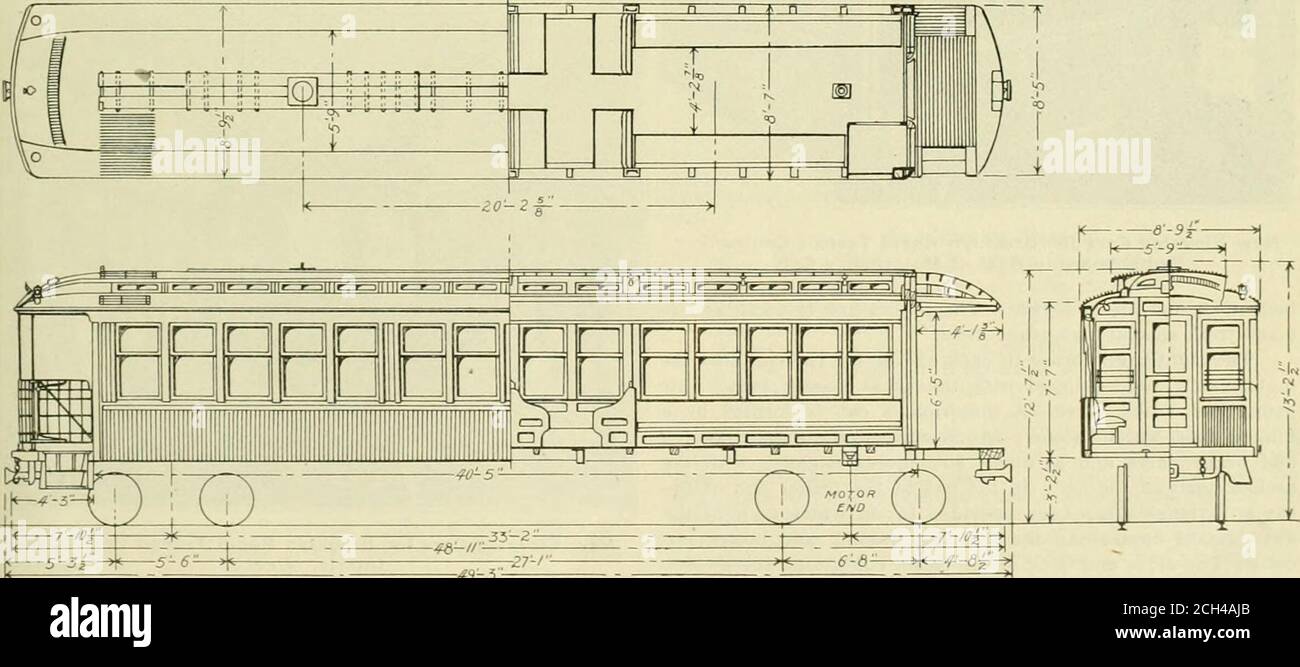 . Electric railway review . New Elevated Cars for Brooklyn Rapid Transit Company—Side View of Standard Car. vertible type which is standard on this road and are designedto meet their particular service and traffic conditions. Theunderframes are of pressed steel and the side frames are ofwood, reinforced with steel channels and plates. Dimensions.The general dimensions of the cars are as follows: Length over platform 48 ft. 11 in. Length over end sheathing 40 ft. 5 in. Length between centers of trucks 33 ft. 2 in. Westinghouse type 300, 200-horsepower motors, geared to theratio of 19 to 64, and Stock Photo