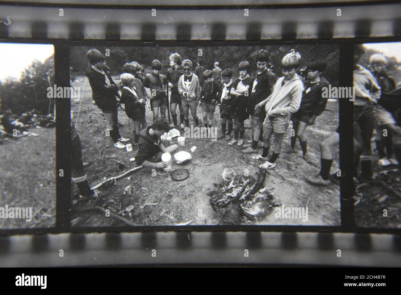 Fine 70s vintage black and white photography of boy scouts camping at