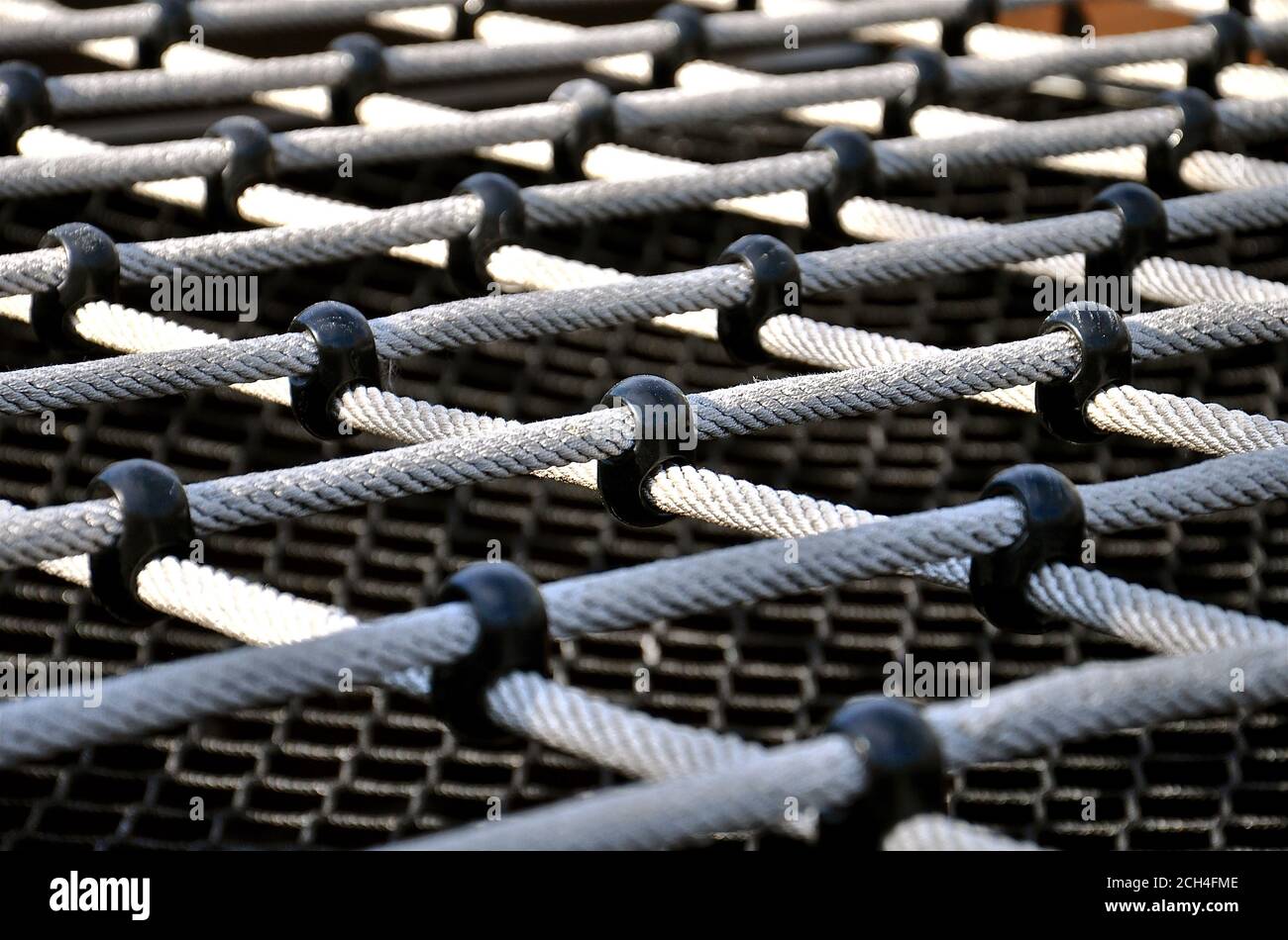 Diagonal perspective view of a taught rope climbing trellis on a ...