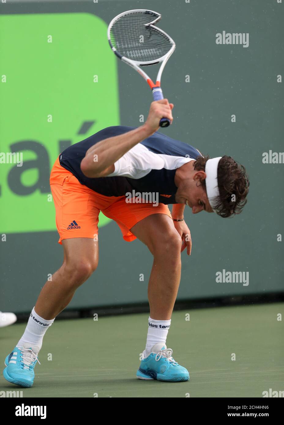 KEY BISCAYNE, FL - MARCH 25: Dominic Thiem breaks his racket on day 6 of  the Miami Open at Crandon Park Tennis Center on March 25, 2017 in Key  Biscayne, Florida People: