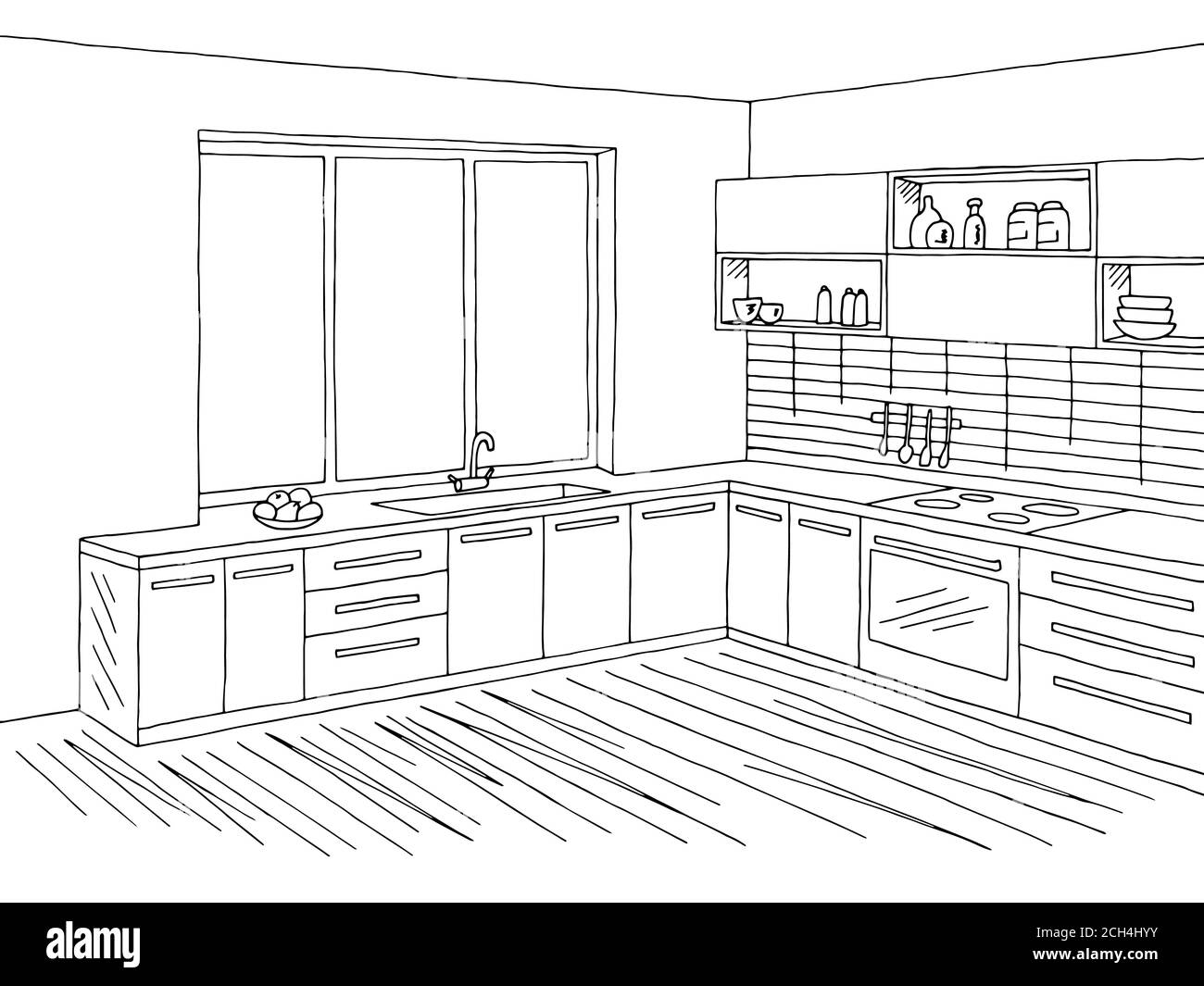 Kitchen room interior graphic black white sketch illustration vector Stock Vector