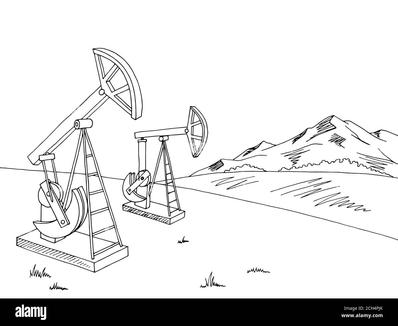 Oil extraction graphic black white landscape sketch illustration vector Stock Vector
