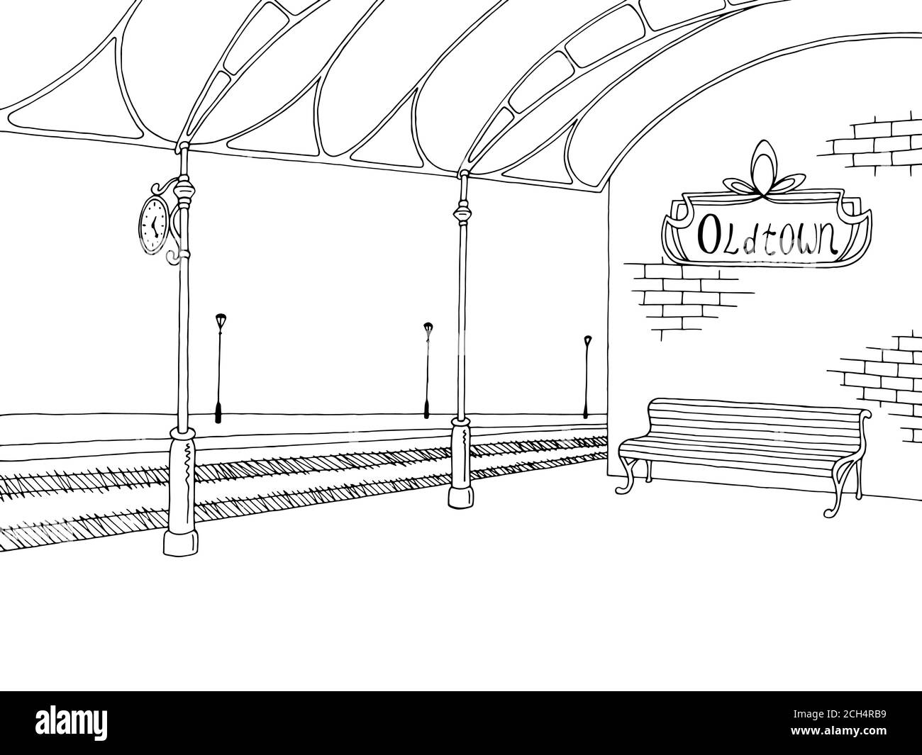 Railway station platform train graphic black white sketch illustration  vector Stock Vector  Adobe Stock
