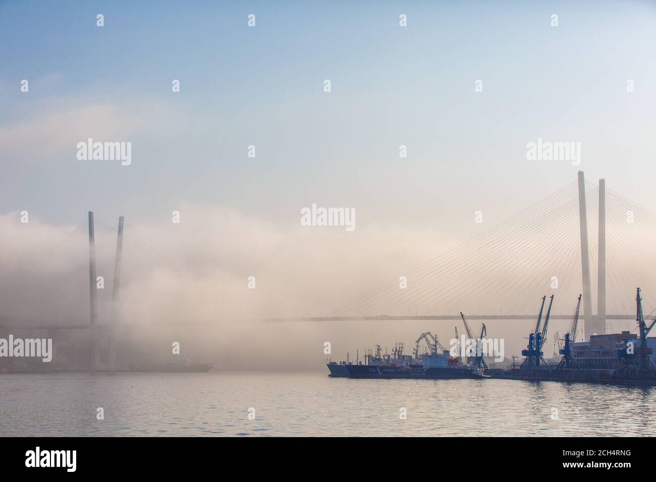 Various merchant ships stand on the roadstead in the Golden Horn Bay in Vladivostok during heavy fog Stock Photo