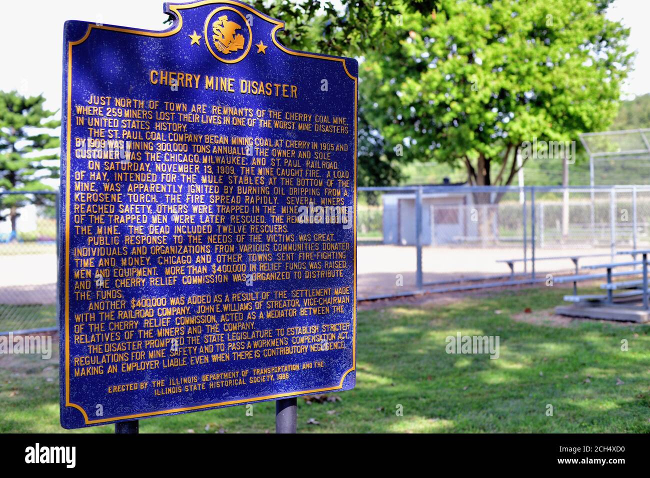 Cherry, Illinois, USA. A historical marker that commemorates the Cherry Mine disaster. Stock Photo