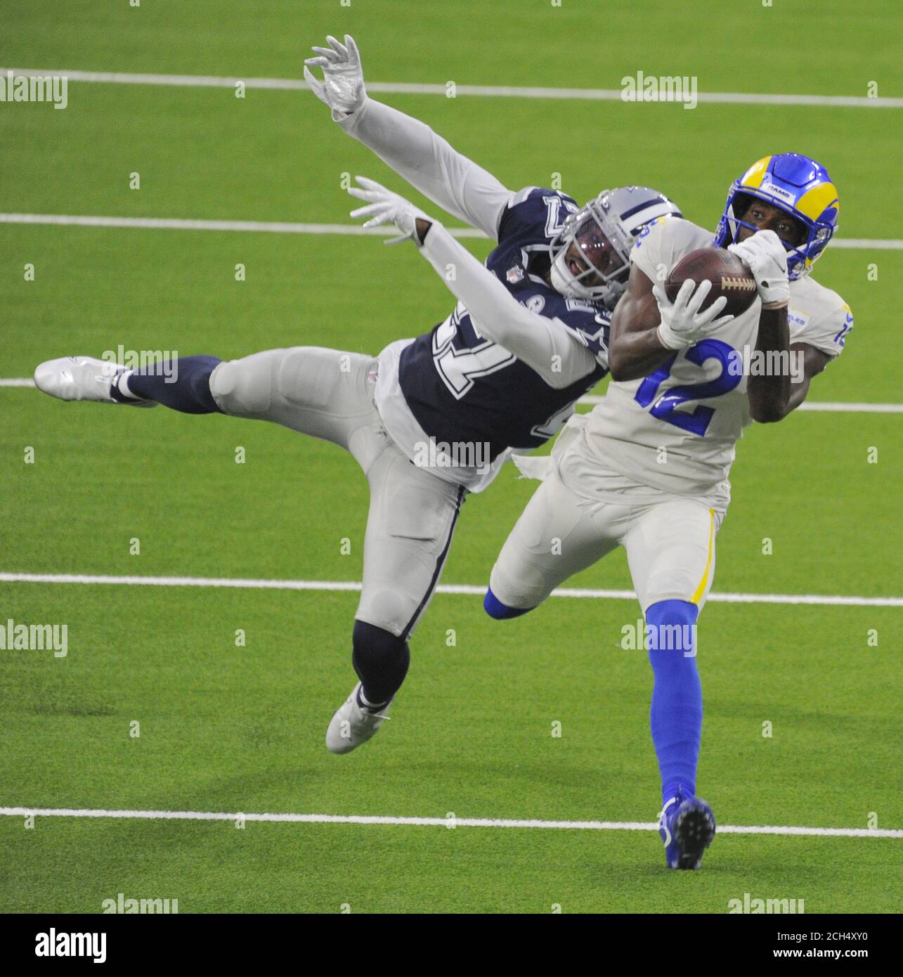 Inglewood, United States. 13th Sep, 2020. Los Angeles Rams' Van Jefferson catches a long pass over Dallas Cowboys' Trevon Diggs in the first half at SoFi Stadium in Inglewood, California on Sunday, September 13, 2020. Photo by Lori Shepler/UPI Credit: UPI/Alamy Live News Stock Photo