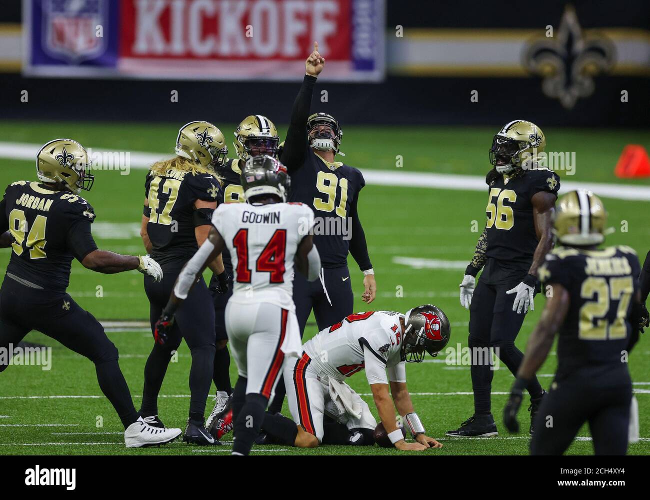 New Orleans, United States. 13th Sep, 2020. New Orleans Saints defensive end Trey Hendrickson (91) celebrates after sacking Tampa Bay Buccaneers quarterback Tom Brady (12) during the second quarter at the Mercedes-Benz Superdome in New Orleans on Sunday, September 13, 2020. Pool photo by Derick E. Hingle/UPI Credit: UPI/Alamy Live News Stock Photo