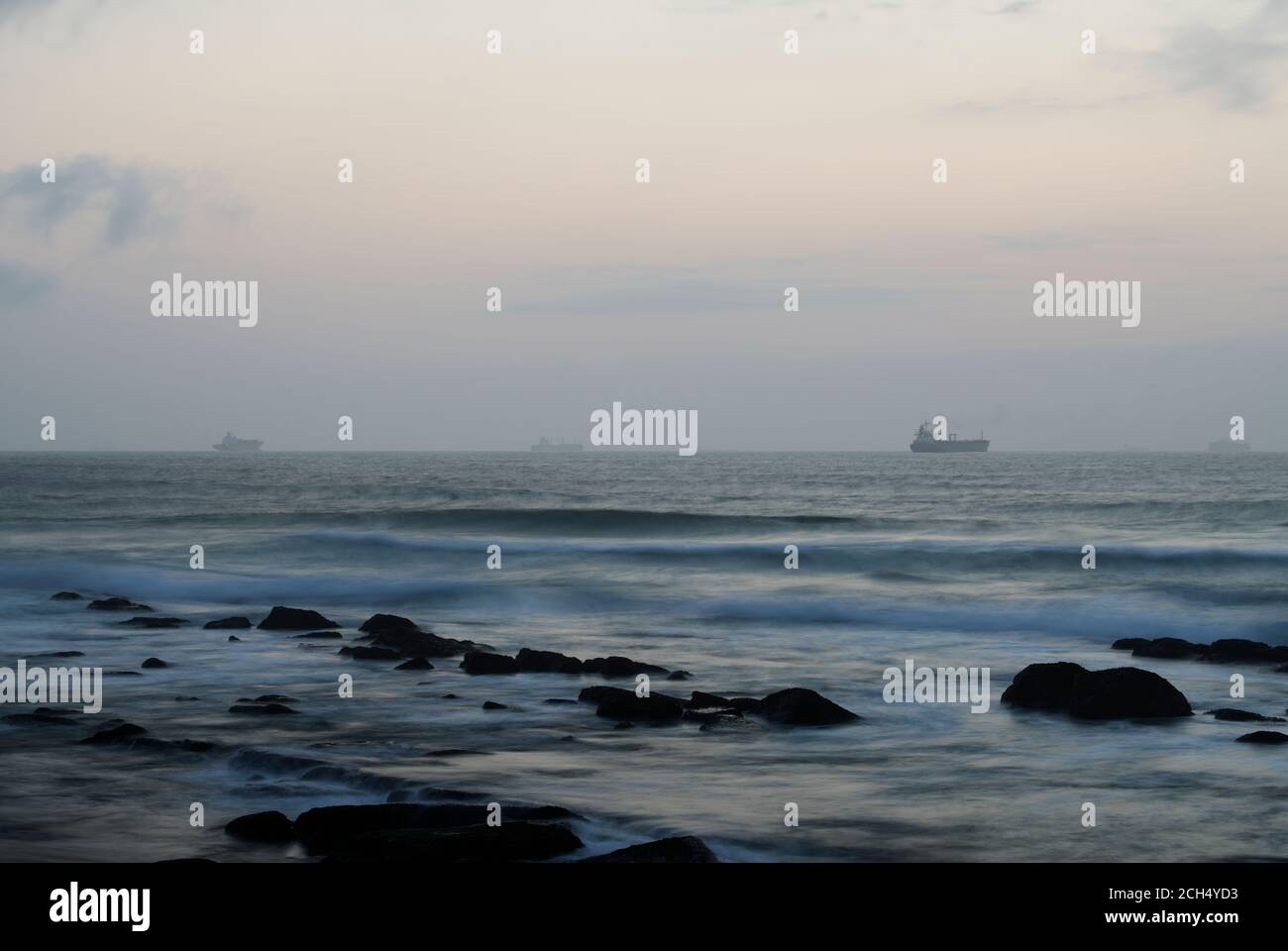 Beautiful artistic seascape, ships on horizon, motion blur, Durban, South Africa, landscape, creative, backgrounds, atmosphere, mood, coast, coastal Stock Photo