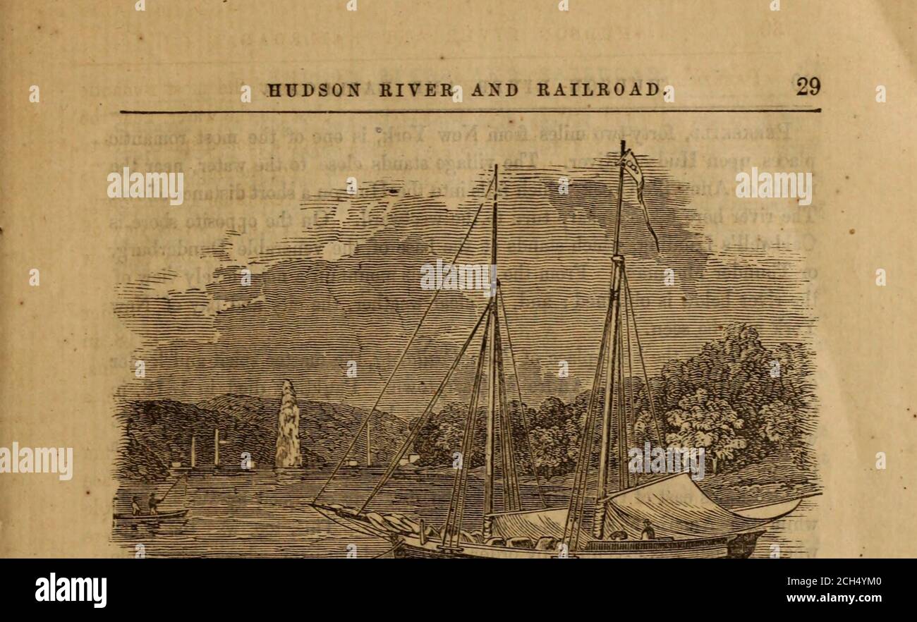 . Traveller's steamboat and railroad guide to the Hudson River : describing the cities, towns, and places of interest along the route : with maps and en . ny form that might be desired to thewater issuing. The level of this branch pipe is about 120 feet below thebottom of the aqueduct on the north side of the valley, affording an opportu-nity for a beautiful jet (Teau, — such an one as cannot be obtained at thefountains in the city. From an orifice of 7 inches in diameter, the columnof water rises to a height of 115 feet, when there is but two feet of water inthe aqueduct. • Visitors to the Hi Stock Photo