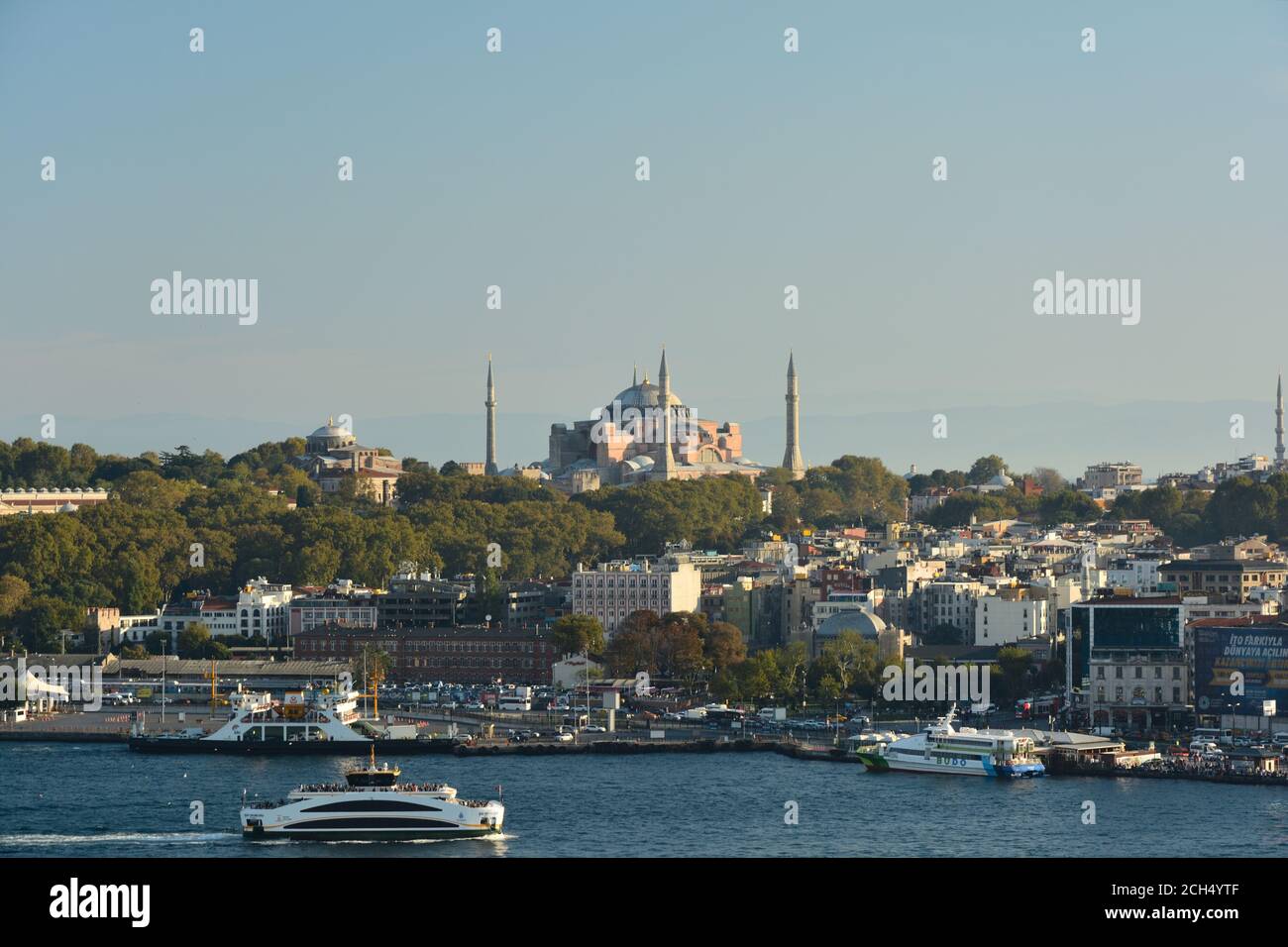 Hagia Sophia, Eminonu ferry pier and the Golden horn from Karaköy ...