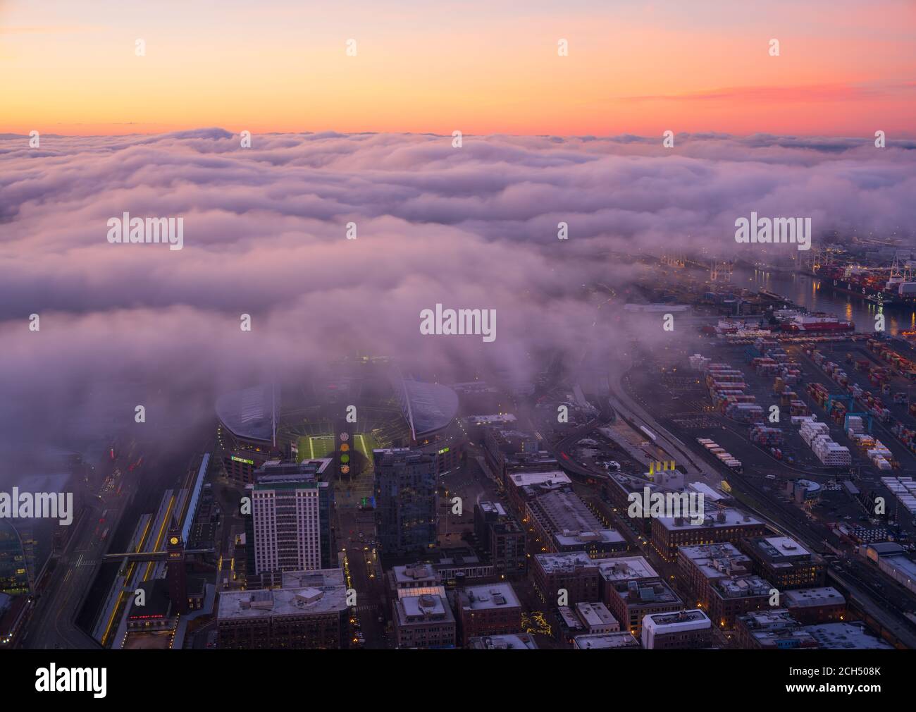 Seattle SODO and Downtown Sunrise and Fog Stock Photo