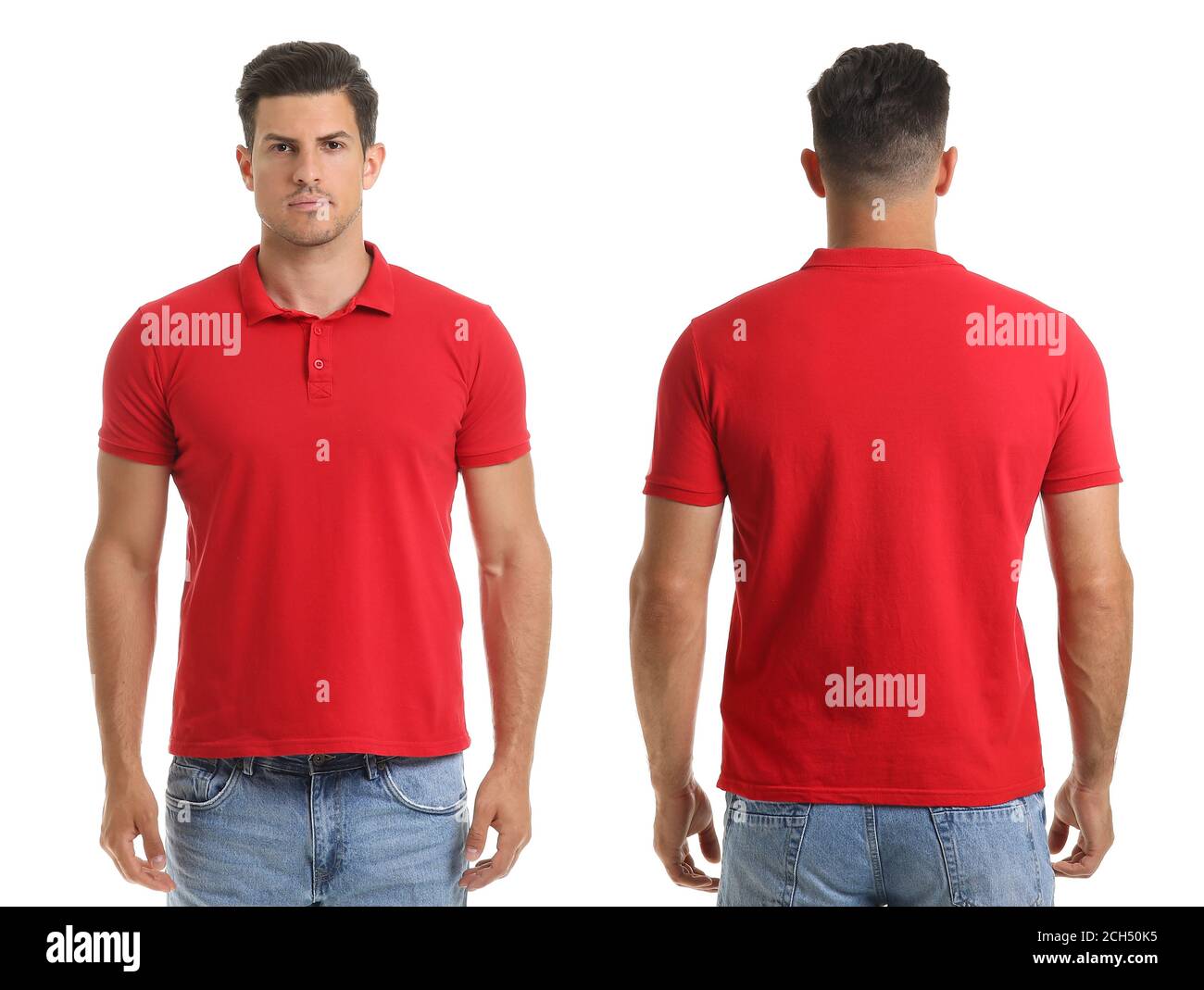 Young man in stylish t-shirt on white background. Front and back view ...