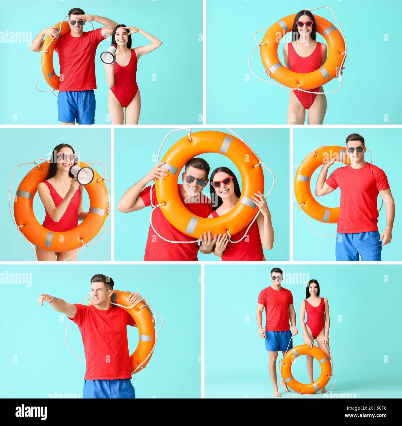 Beach rescuers with lifebuoy on color background Stock Photo - Alamy
