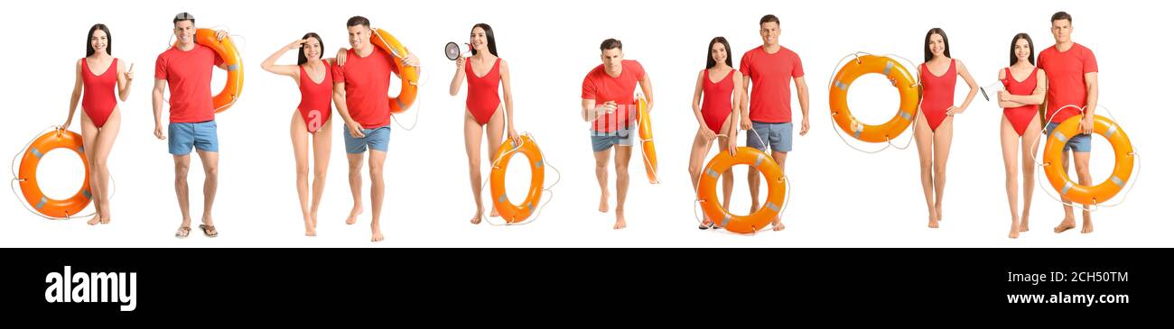 Beach rescuers with lifebuoy on white background Stock Photo - Alamy