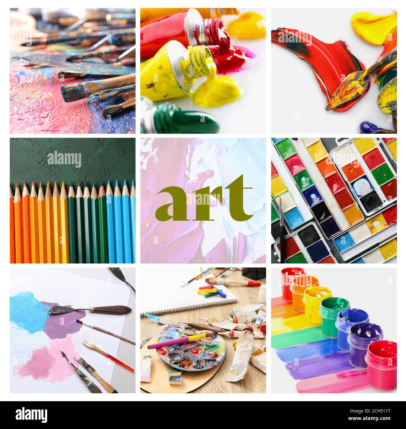 Collage of photos with professional artist's supplies Stock Photo