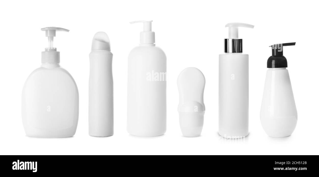 Set of different bottles on white background Stock Photo - Alamy