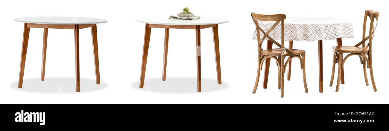 Set of different tables on white background Stock Photo - Alamy