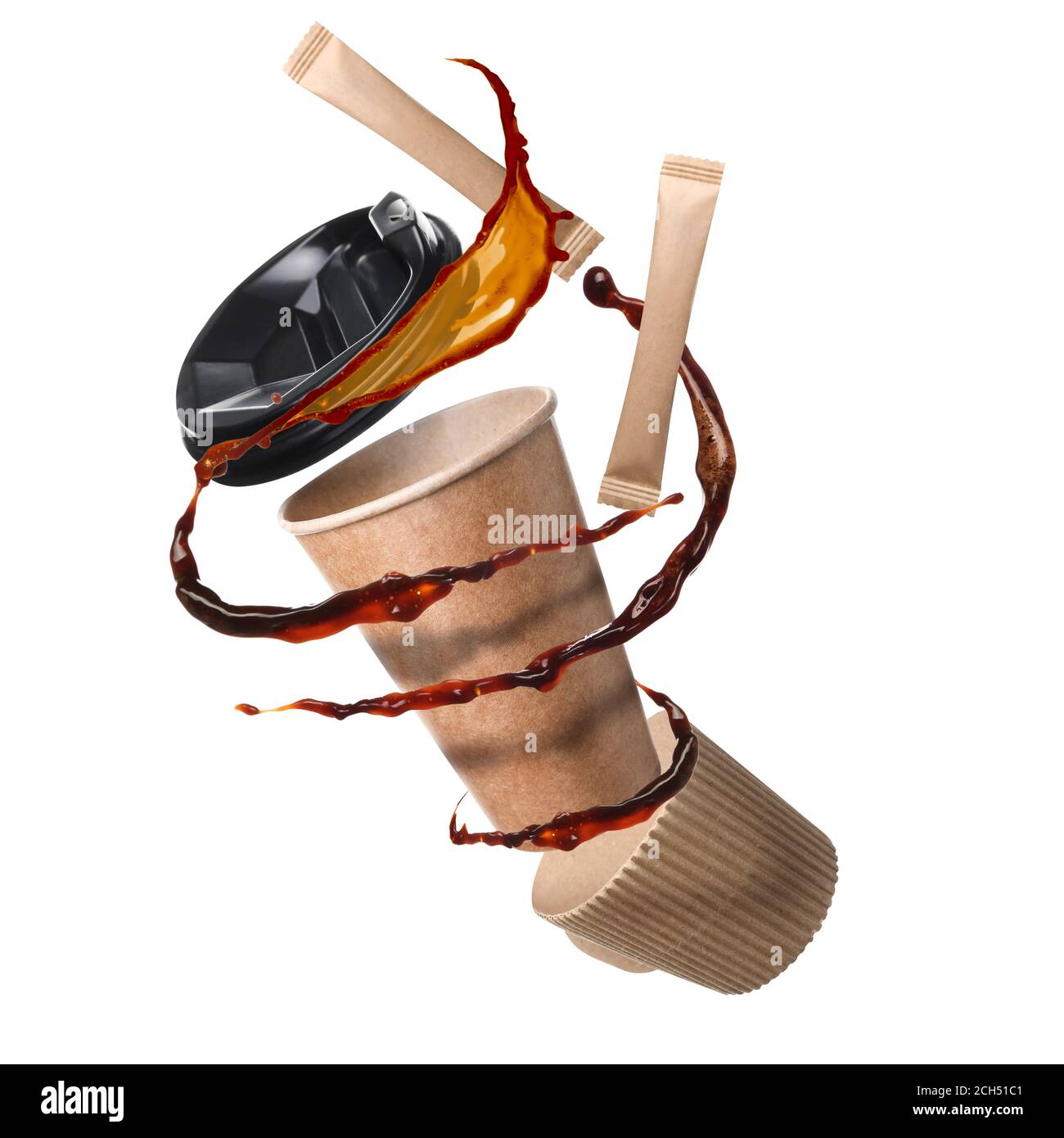 Flying paper cup with coffee splashes and sugar on white background